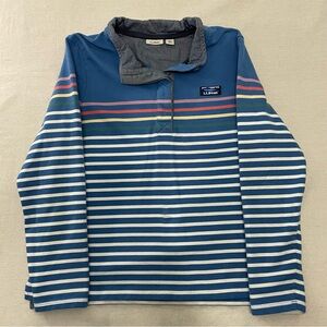 LL Bean Womens Blue Striped 1/4 Button Henley Long Sleeve Pullover Shirt L Pet
